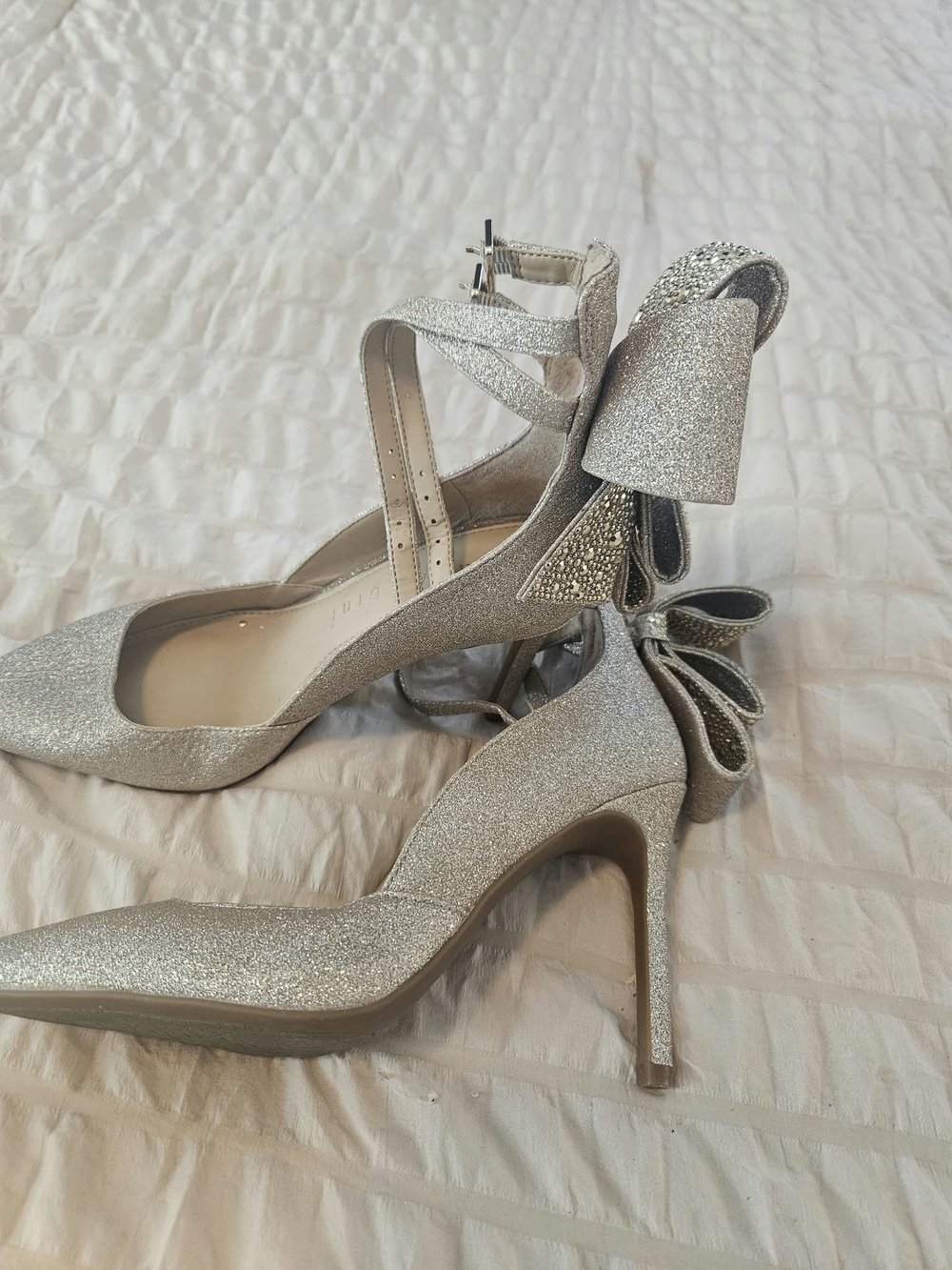 Gianni Bini Silver Glitter Pointed-Toe Ankle-Strap Heels with Bow Detail